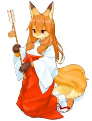  absurdres animal_ear_fluff animal_ears animal_hands animal_nose arrow_(projectile) bell blush body_fur borrowed_character brown_fur claws closed_mouth commentary_request female fox_ears fox_girl fox_tail full_body furry furry_female hair_bell hair_between_eyes hair_ornament hair_tie hakama hamaya hands_up happy highres holding holding_arrow japanese_clothes jingle_bell kame_(3t) kimono kneeling koko_(kishibe) long_hair long_sleeves looking_at_viewer miko multicolored_fur orange_footwear orange_fur orange_hair original red_eyes red_hakama sandals sidelocks simple_background smile socks solo split_mouth tabi tail thick_eyebrows white_background white_kimono white_socks wide_sleeves yellow_fur zouri 