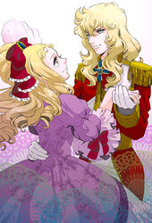  2girls bad_id bad_pixiv_id blonde_hair dancing dress drill_hair epaulettes gloves gown hair_ribbon hair_up hand_on_another&#039;s_hip holding_hands long_hair looking_at_another marie_antoinette_(versailles_no_bara) multiple_girls mumilove oscar_francois_de_jarjayes photoshop_(medium) purple_dress ribbon uniform versailles_no_bara white_gloves 