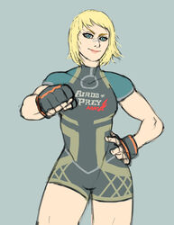  birds_of_prey black_canary blonde_hair blue_eyes closed_mouth clothes_writing commentary cromwaits dc_comics dinah_lance english_commentary english_text female fingerless_gloves fist_bump gloves grey_background hand_on_own_hip mixed_martial_arts mma_gloves muscular muscular_female outstretched_hand reaching reaching_towards_viewer short_hair shorts simple_background solo standing 