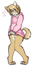  andogg anthro blush canid canine clothed clothing featureless_crotch femboy heart_symbol looking_at_viewer male mammal smile solo standing 