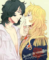  1boy andre_grandier black_hair blonde_hair commentary_request copyright_name couple epaulettes female hand_on_another&#039;s_chin kichi_(rosso24) long_hair open_clothes open_shirt oscar_francois_de_jarjayes profile shirt short_hair straight versailles_no_bara 