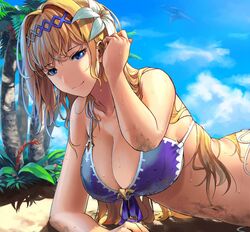  adjusting_hair aircraft airship bare_shoulders beach bikini blonde_hair breasts cleavage collarbone commentary day diadem female flower granblue_fantasy grancypher_(granblue_fantasy) hair_between_eyes hair_flower hair_intakes hair_ornament highres jeanne_d&#039;arc_(granblue_fantasy) jeanne_d&#039;arc_(summer)_(granblue_fantasy) large_breasts long_hair lying official_alternate_costume on_stomach outdoors palm_tree purple_bikini sand smile solo swimsuit tree wet white_flower zonotaida 