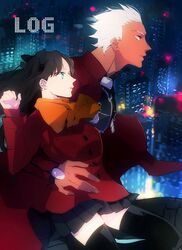  1boy archer_(fate) bad_id bad_pixiv_id blue_eyes bow brown_hair cityscape dark-skinned_male dark_skin fate/stay_night fate_(series) female long_hair night rata_to thighhighs tohsaka_rin two_side_up white_hair 