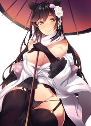  animal_ears atago_(azur_lane) atago_(hallmarks_of_winter)_(azur_lane) azur_lane bare_shoulders between_legs black_gloves black_hair black_panties black_thighhighs blush breasts brown_eyes cleavage closed_mouth commentary_request female flower frilled_sleeves frills garter_straps gloves hair_flower hair_ornament hand_between_legs japanese_clothes kimono large_breasts long_hair looking_at_viewer official_alternate_costume oil-paper_umbrella open_clothes open_kimono panties shimakaze_(soundz_of_bell) simple_background sitting smile solo thighhighs umbrella underwear very_long_hair white_background white_kimono 