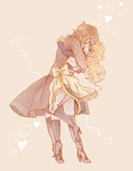  1boy andre_grandier black_hair blonde_hair boots bow commentary_request female heart high_heel_boots high_heels hug lifting_person oscar_francois_de_jarjayes rinako_(rococo) simple_background versailles_no_bara yellow_background 