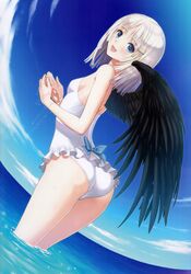  :d absurdres ass bare_shoulders black_wings blue_bow blue_eyes blue_sky bow breasts casual_one-piece_swimsuit cloud cupping_hands day dutch_angle feathered_wings female fisheye frilled_one-piece_swimsuit frills from_behind hair_ornament highres horizon legs_together looking_at_viewer looking_back ocean one-piece_swimsuit open_mouth outdoors own_hands_together panis_angelicus ripples scan shining_(series) shining_ark sideboob single_wing sky small_breasts smile solo source_request strapless strapless_one-piece_swimsuit swimsuit thighs tony_taka wading water wet white_hair white_one-piece_swimsuit wings 