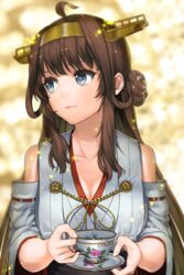  absurdres ahoge bad_id bad_pixiv_id blue_eyes breasts brown_hair cleavage collarbone colored_eyelashes cup double_bun female hair_bun hairband harumaki_haruki headgear highres japanese_clothes kantai_collection kongou_(kancolle) long_hair looking_away medium_breasts nontraditional_miko smile solo teacup 