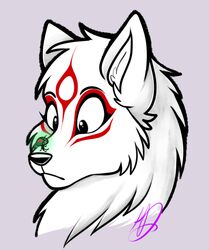  alien amaterasu_(okami) andogg canid canine canis capcom clover_studio deity duo facial_markings female feral fur head_markings issun_(okami) male mammal markings micro okami_(capcom) poncle simple_background white_body white_fur wolf 