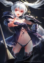  angel armor artist_name asymmetrical_wings babydoll black_panties breasts camisole chinese_commentary collarbone commentary_request contrapposto diadem feathered_wings female grey_hair halo hand_on_own_hip highres ikusa_megami_(series) index_finger_raised long_hair looking_at_viewer low_twintails metisana navel open_mouth panties pauldrons photoshop_(medium) polearm red_eyes shoulder_armor signature small_breasts solo standing swd3e2 tenbin_no_la_dea_~ikusa_megami_memoria~ thighhighs twintails underwear vambraces weapon white_hair wings 