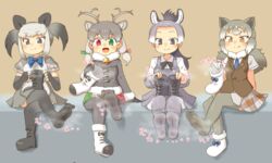  4girls animal_ears bitashinmi blush boots brown_eyes donkey_(kemono_friends) eastern_wolf_(kemono_friends) feet green_eyes grey_eyes grey_hair heterochromia holding_shoes kemono_friends legs_crossed legwear looking_at_viewer multiple_girls oerba_yun_fang open_mouth ponytail red_eyes reindeer_(kemono_friends) scaly-tailed_possum_(kemono_friends) shoes_removed silver_hair sitting smell smile soles steam twintails two-tone_hair 