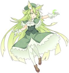  absurdres animal_ears bad_id bad_pixiv_id crescent dress female gen&#039;ei_wo_kakeru_taiyou gloves green_eyes green_hair hat highres long_hair open_mouth pantyhose ribbon simple_background sion_adelheart solo tsukuyomi_luna very_long_hair white_background white_gloves white_pantyhose 