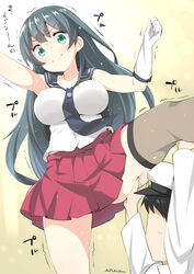  1boy admiral_(kancolle) agano_(kancolle) artist_name black_hair black_necktie breasts commentary_request female gloves green_eyes hat highres kancolle_arcade kantai_collection large_breasts long_hair long_sleeves military military_uniform naval_uniform necktie nervous_sweating peaked_cap pleated_skirt red_skirt ryuki_(ryukisukune) sailor_collar school_uniform serafuku skirt sleeveless straight sweat thick_thighs thighs translated trembling uniform weight_conscious white_gloves 