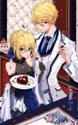  1boy :o absurdres ahoge arthur_pendragon_(fate) arthur_pendragon_(white_rose)_(fate) artoria_pendragon_(fate) bad_id bad_pixiv_id black_gloves blonde_hair blue_dress blue_necktie blush breasts buffet cake cake_slice candy chocolate cleavage collarbone collared_shirt commentary_request cup dress drink drinking_glass earrings elbow_gloves eyelashes fate/grand_order fate_(series) female food fork formal fruit gloves green_eyes hair_between_eyes hair_bun halter_dress halterneck heart heart-shaped_chocolate height_difference highres holding holding_cup holding_fork holding_plate indoors jacket jewelry layered_dress long_sleeves looking_at_viewer medium_breasts necktie official_alternate_costume open_clothes open_jacket open_mouth osanai parted_lips petals plate rose_petals saber_(fate) saber_(lapis_lazuli_dress)_(fate) see-through see-through_cleavage shirt sidelocks signature single_hair_bun sleeveless sleeveless_dress standing star_(symbol) strawberry striped_clothes striped_shirt suit table tablecloth unbuttoned vertical-striped_clothes vertical-striped_shirt white_jacket wing_collar 