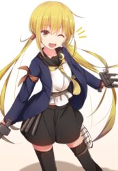  ;d black_sailor_collar black_shorts black_skirt black_thighhighs blonde_hair commentary_request crescent crescent_pin culottes cuon_(kuon) female jacket kantai_collection long_hair long_sleeves looking_at_viewer low_twintails miniskirt one_eye_closed open_mouth sailor_collar satsuki_(kancolle) satsuki_kai_ni_(kancolle) school_uniform serafuku shorts skirt smile solo thighhighs turret twintails yellow_eyes 