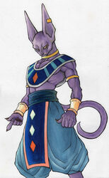  :3 bare_shoulders bracelet cat_ears deity dragon_ball dragon_ball_z dragonball_z_battle_of_gods god_of_destruction_beerus hakaishin_bills highres jewelry monster muscle purple_skin traditional_art wristband 