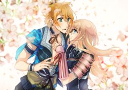  2boys armor blonde_hair blue_eyes blurry blush cherry_blossoms commentary_request depth_of_field green_eyes japanese_armor japanese_clothes long_hair male_focus midare_toushirou multiple_boys necktie open_mouth orange_hair petals sachikan shoulder_armor smile sode touken_ranbu urashima_kotetsu yaoi 