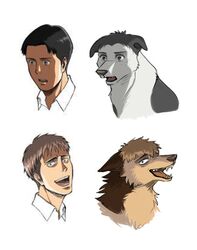  2boys animalization black_hair brown_eyes brown_hair canine face freckles jean_kirchstein light_brown_hair marco_bodt multicolored_hair multiple_boys open_mouth shingeki_no_kyojin short_hair smile two-tone_hair zencelot 