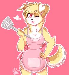  andogg anthro apron canid canine clothing female fur hair heart_symbol looking_at_viewer mammal open_mouth smile solo standing wide_hips 