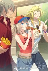  2boys :t antonio_salieri_(fate) black_pants blonde_hair blue_eyes blue_pants blush burger casual character_name closed_eyes clothes_writing collarbone commentary_request contemporary cosplay day denim dress_shirt eating echo_(circa) eyewear_hang fate/grand_order fate_(series) female food grey_hair hat hot_dog index_finger_raised jeans long_hair marie_antoinette_(fate) midriff miyamoto_musashi_(fate) miyamoto_musashi_(fate)_(cosplay) miyamoto_musashi_(traveling_outfit)_(fate) miyamoto_musashi_(traveling_outfit)_(fate)_(cosplay) multiple_boys navel oerba_yun_fang outdoors pants red_shirt red_tank_top shirt short_sleeves sleeveless sleeveless_shirt stomach striped_clothes striped_shirt tank_top twintails unworn_eyewear very_long_hair walking white_shirt wolfgang_amadeus_mozart_(fate) wristband 