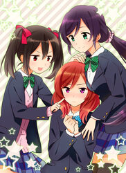  3girls :d black_hair blazer blush bow bowtie cardigan cheek_poking commentary_request frown green_eyes hairbow hand_on_head jacket long_hair love_live! love_live!_school_idol_project multiple_girls nishikino_maki open_mouth otonokizaka_school_uniform pink_scrunchie plaid plaid_skirt pleated_skirt poking purple_eyes purple_hair red_eyes red_hair school_uniform scrunchie short_hair skirt smile star_(symbol) striped striped_background tojo_nozomi twintails v-shaped_eyebrows yazawa_nico yuzucky 