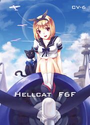  aircraft airplane black_cat blonde_hair bow commentary_request f6f_hellcat feline female highres kantai_collection midriff military navel original pacific_(kancolle) personification rainbow2319682 red_eyes short_hair solo uniform united_states united_states_navy uss_enterprise_(cv-6) 