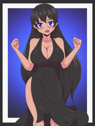  big_breasts black_dress black_hair blue_eyes bosomancer clothed console-tan female female_only looking_at_viewer pc-tan smiling_at_viewer variations 