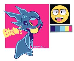  2018 alien alternate_color ambiguous_gender angoraram blue_body digital_drawing_(artwork) digital_media_(artwork) disney emoji experiment_(lilo_and_stitch) icy_body lilo_and_stitch looking_at_viewer low_res open_mouth pink_background pink_nose restricted_palette signature simple_background slushy_(lilo_and_stitch) solo standing text tongue tongue_out white_background 