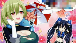  &gt;_&lt; 2girls ? absurdres bio_(chou_megami_shinkou_noire_gekishin_black_heart) black_hair blush breasts censored chou_megami_shinkou_noire_gekishin_black_heart cleavage creature creature_on_shoulder crop_top cropped floral_background green_hair hair_ornament highres large_breasts long_hair manamitsu midriff mosaic_censoring multiple_girls neptune_(series) noire_(neptunia) official_art on_shoulder open_mouth red_eyes ribbon scan smile sparkle sweat torn_clothes twintails umbrella 