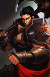  armor axe black_hair bracer cape darius_(league_of_legends) grey_eyes highres league_of_legends looking_at_viewer male_focus orenji-kun over_shoulder red_cape scar shoulder_armor skull vambraces weapon weapon_over_shoulder 