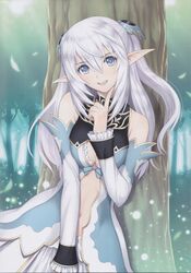  :d absurdres altina_(shining_blade) bare_shoulders blue_eyes breasts center_opening cleavage detached_sleeves elf female highres long_hair medium_breasts navel open_mouth pointy_ears scan shining_(series) shining_blade shining_world skirt smile solo tony_taka tree two_side_up white_hair 