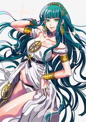  bare_shoulders blunt_bangs breasts cleopatra_(fate) cleopatra_(third_ascension)_(fate) closed_mouth collarbone commentary_request dress earrings fate/grand_order fate_(series) female green_eyes green_hair hair_ornament hairband hand_on_own_hip highres jewelry long_hair medium_breasts partial_commentary smile solo tenobe very_long_hair white_background white_dress 