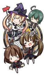  &gt;_&lt; 4girls arrow_(symbol) blonde_hair blush brown_hair cha_(kancolle) chibi closed_eyes commentary_request green_hair hat hiyoko_(kancolle) kantai_collection long_hair majokko_(kancolle) midori_(kancolle) multiple_girls open_mouth rashinban_musume short_hair simple_background skirt smile tobi_(nekomata_homara) white_background |_| 