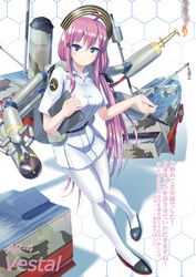  ar-4_vestal belt black_footwear blue_eyes boat clipboard commentary_request cutting_torch drill female fire full_body hair_ornament hand_saw highres ikinokore!_shachiku-chan long_hair looking_at_viewer mecha_musume mechanical_arms personification photoshop_(medium) pink_hair sakura_ouka saw self-upload shirt shoes single_mechanical_arm skirt smile smoke solo standing striped_clothes striped_shirt translation_request united_states_navy watercraft white_legwear white_skirt x_hair_ornament yamikota 