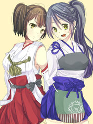  2girls alternate_hairstyle bare_shoulders black_hair brown_hair commentary_request cosplay costume_switch detached_sleeves green_eyes haruna_(kancolle) japanese_clothes kaga_(kancolle) kantai_collection long_hair looking_at_viewer multiple_girls muneate open_mouth short_hair side_ponytail simple_background tsumugi_touto 