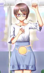  apotea arm_up bladder blouse blue_nails blue_skirt blush bob_cut brown_hair cellphone cowboy_shot eyebrows_visible_through_hair female fingernails frilled_skirt frilled_sleeves frills glasses hair_ornament hairclip hand_up have_to_pee high-waist_skirt holding holding_cellphone holding_phone idolmaster idolmaster_cinderella_girls nail_polish otokura_yuuki phone shirt shirt_tucked_in short_hair short_sleeves silhouette skirt solo_focus source_request standing sweat train_interior translation_request trembling white_shirt x-ray 