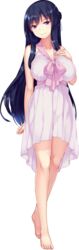  arm_at_side barefoot black_hair braid breast_suppress breasts dress female french_braid full_body halterneck highres hinasaki_you hitotsu_yane_no_tsubasa_no_shita_de jinno_nahoko large_breasts long_hair looking_at_viewer official_art purple_eyes smile solo transparent_background very_long_hair 