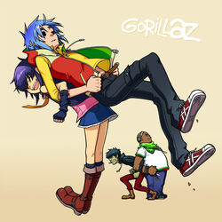  3boys bags_under_eyes bald belt black_eyes black_hair blue_hair boots bracelet closed_eyes colored_skin commentary_request cross dark_skin drawstring female fingerless_gloves gloves gorillaz green_skin headphones hood hoodie inverted_cross jewelry ko-on_(ningen_zoo) locked_arms lolicon multiple_boys murdoc_niccals navel necklace necktie noodle_(gorillaz) open_mouth parted_lips pointy_ears purple_hair russel_hobbs sharp_teeth short_hair simple_background skirt smile standing stuart_pot teeth 