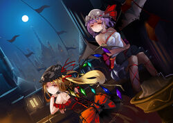  2girls alternate_costume arm_rest balcony bare_arms bare_shoulders bat_wings blonde_hair bow breasts candlestand castle choker cleavage commentary_request cross-laced_clothes dutch_angle flandre_scarlet full_moon hair_ribbon halterneck hat hat_ribbon head_rest knees_together_feet_apart laces leaning_forward leg_ribbon light_purple_hair light_smile looking_at_viewer looking_away looking_back medium_breasts mob_cap moon multiple_girls night night_sky pennant railing red_eyes red_ribbon remilia_scarlet ribbon short_hair siblings side_ponytail sisters sitting skirt sky sleeveless string_of_flags tank_top terric touhou tower wings 