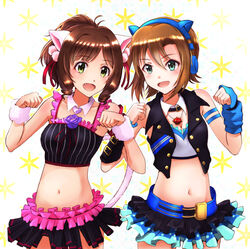  2girls :d animal_ear_headphones animal_ears asterisk_(idolmaster) bad_id bad_pixiv_id bare_shoulders belt blush breasts brown_hair cat_ear_headphones cat_ears cat_tail cleavage collar commentary cropped_jacket detached_collar fake_animal_ears green_eyes hair_ornament headphones idolmaster idolmaster_cinderella_girls jewelry maekawa_miku medium_breasts midriff multiple_girls navel necklace oerba_yun_fang open_mouth over_the_collar_(idolmaster) paw_pose ponytail short_hair skirt small_breasts smile symbol-only_commentary tada_riina tail telaform 