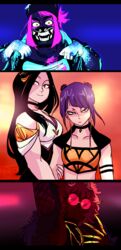  4girls absurdres ahri_(league_of_legends) ahri_(league_of_legends)_(cosplay) akali akali_(cosplay) ashido_mina bare_shoulders baseball_cap black_hair boku_no_hero_academia choker commentary cosplay double_bun english_commentary evelynn_(league_of_legends) evelynn_(league_of_legends)_(cosplay) glasses gloves hair_bun hat highres idol jirou_kyouka k/da_(league_of_legends) k/da_ahri k/da_akali k/da_evelynn k/da_kai&#039;sa kai&#039;sa kai&#039;sa_(cosplay) league_of_legends long_hair looking_at_viewer makeup mask midriff multiple_girls nekokat42 pince-nez purple_eyes purple_hair raver red_hair smile sunglasses ultraviolet_light uraraka_ochako yaoyorozu_momo yellow_eyes 