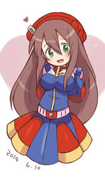  2014 beret breasts brown_hair dated female green_eyes hair_between_eyes hat iris_(rockman_x) long_hair medium_breasts miyata_(lhr) open_mouth red_hat rockman rockman_x rockman_x5 simple_background smile solo 