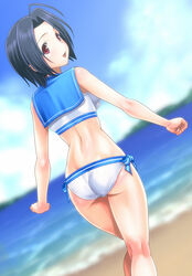  :d ahoge ass back beach bikini blue_hair blurry blush body_blush breasts cloud commentary_request day depth_of_field dutch_angle female from_behind idolmaster idolmaster_(classic) kneepits large_breasts looking_at_viewer looking_back miura_azusa muhi11234 narrow_waist ocean open_mouth outdoors red_eyes sailor_bikini sailor_collar sailor_swimsuit_(idolmaster) shiny_skin short_hair side-tie_bikini_bottom skindentation sky smile solo standing swimsuit water white_bikini wide_hips 