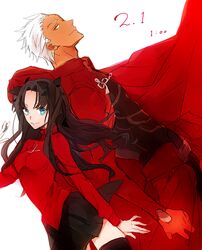  1boy archer_(fate) bad_id bad_pixiv_id blue_eyes brown_hair dark-skinned_male dark_skin fate/stay_night fate_(series) female long_hair rata_to thighhighs tohsaka_rin two_side_up white_hair 