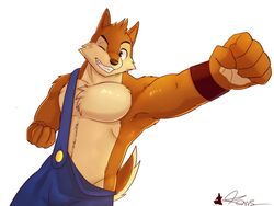  2017 4:3 anthro biceps canid canine canis chest_tuft clothed clothing digital_media_(artwork) faxclington_korrs fur hat headgear headwear male mammal muscular muscular_anthro muscular_male one_eye_closed overalls pecs simple_background smile solo teeth tuft white_background wink wolf wristband wuffle wuffle_(webcomic) 