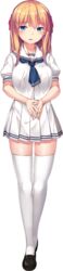  blonde_hair blue_eyes blush female full_body hair_ribbon highres hinasaki_you hitotsu_yane_no_tsubasa_no_shita_de loafers long_hair neckerchief official_art open_mouth own_hands_together pleated_skirt ribbon sasaki_futaba school_uniform serafuku shoes short_sleeves skirt solo standing tall_image thighhighs transparent_background white_thighhighs 