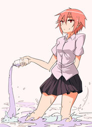  bottle collared_shirt commentary_request d-frag! female looking_at_viewer mizukami_sakura okkii photoshop_(medium) pink_hair pouring red_eyes school_uniform shirt short_hair skirt smile solo standing wading water_bottle wet wet_hair white_shirt 