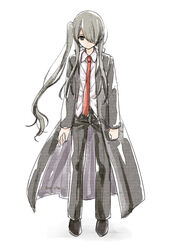  1other androgynous bad_id bad_pixiv_id bad_proportions black_coat black_footwear black_pants coat collared_shirt full_body gakuran hair_over_one_eye long_coat long_hair long_sleeves mizutama necktie one_eye_covered one_side_up open_clothes open_coat other_focus pants red_necktie school_uniform shirt shoes sidelocks simple_background solo standing tokisaka_kuroumaru uq_holder! very_long_hair white_background white_shirt 