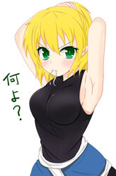  &gt;:( annoyed armpits blonde_hair blush breasts commentary_request female frown green_eyes hair_tie highres looking_at_viewer medium_breasts mizuhashi_parsee mouth_hold pointy_ears short_hair shunki sideboob simple_background sleeveless solo touhou translated tying_hair upper_body v-shaped_eyebrows white_background 