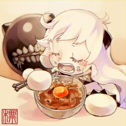  abyssal_ship bowl chopsticks closed_eyes colored_skin commentary_request eating female food kantai_collection long_hair mittens northern_ocean_princess shigemitsu_jun solo white_hair white_skin 