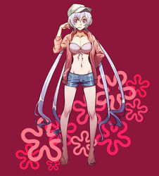  breasts cleavage commentary_request denim denim_shorts female flip-flops front-tie_top grey_hair groin highres jacket large_breasts long_hair midriff navel open_clothes open_jacket photoshop_(medium) red_background sandals senki_zesshou_symphogear short_shorts shorts solo tomaty. twintails yukine_chris 